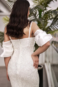 Allison Üstü Organze Eteği Payet Pileli Balon Kollu Askılı Elbise - The Bride's Bliss