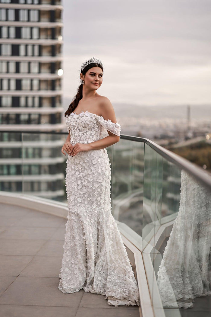 Emma Düşük Kol Üç Boyut Dantelli Balık Gelinlik - The Bride's Bliss