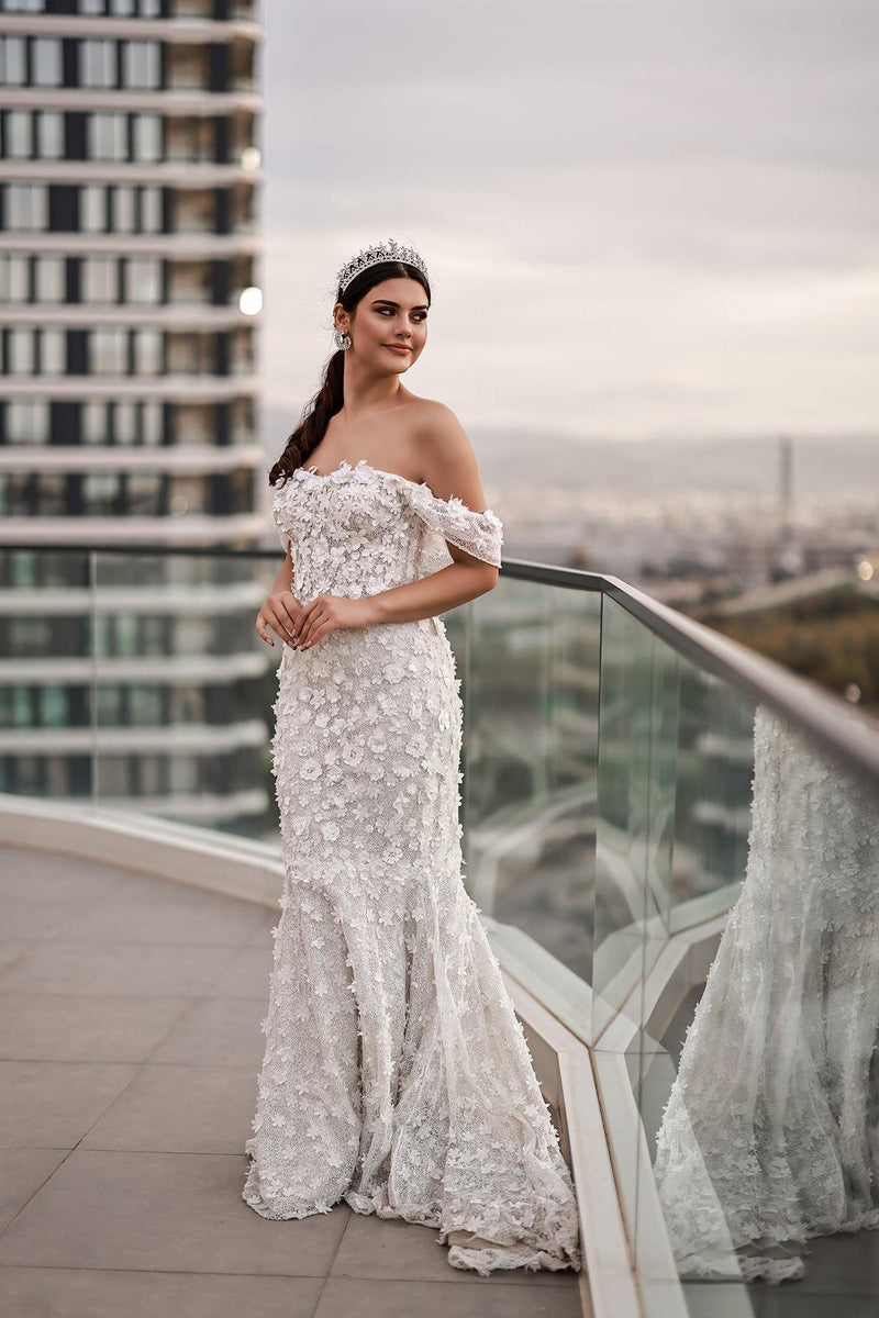 Emma Düşük Kol Üç Boyut Dantelli Balık Gelinlik - The Bride's Bliss