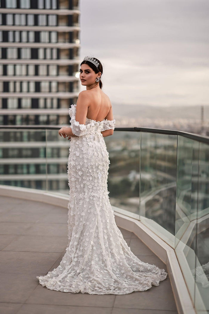 Emma Düşük Kol Üç Boyut Dantelli Balık Gelinlik - The Bride's Bliss