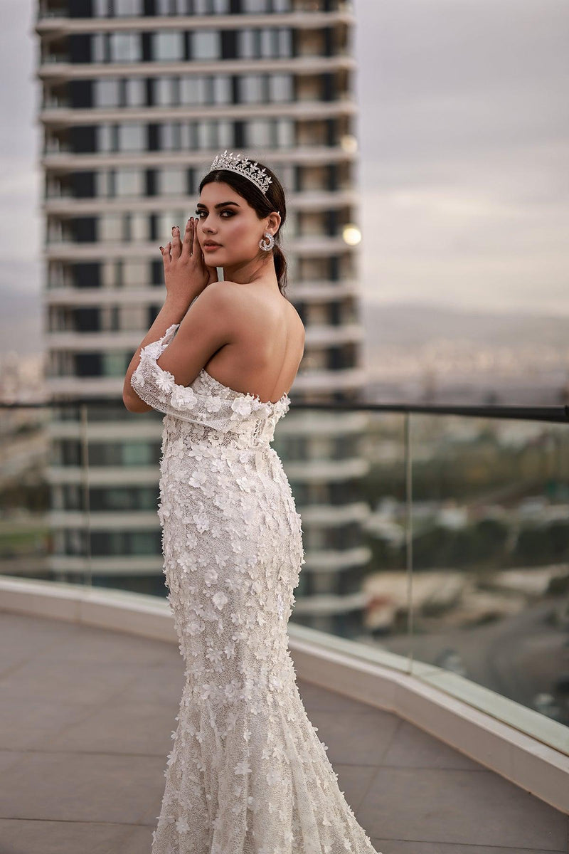 Emma Düşük Kol Üç Boyut Dantelli Balık Gelinlik - The Bride's Bliss